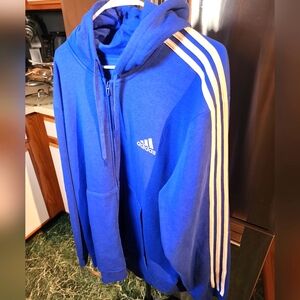 NWT Men's Blue adidas Essentials 3-Stripe Full Zip Fleece Hooded Sweatshirt
